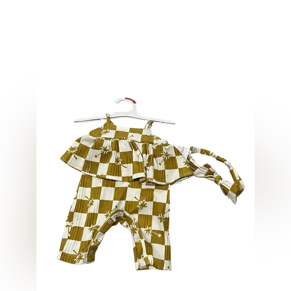 NWT Grayson Mini newborn Golden Cream Checkered Print Palm Tree Matching‎ Set